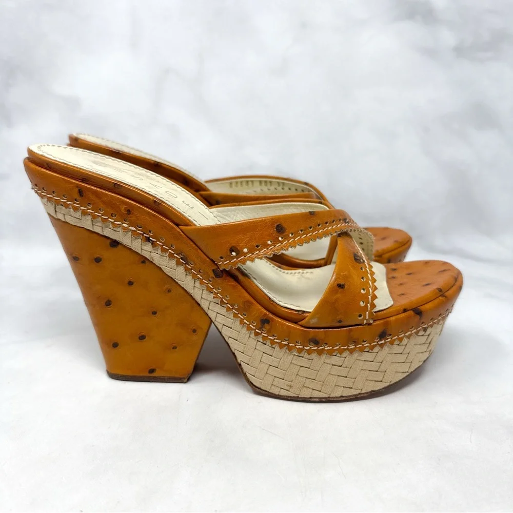 CASADEI Vintage Y2K Ostrich Leather Chunky Platform Wedge Sandal Heels Brown 7